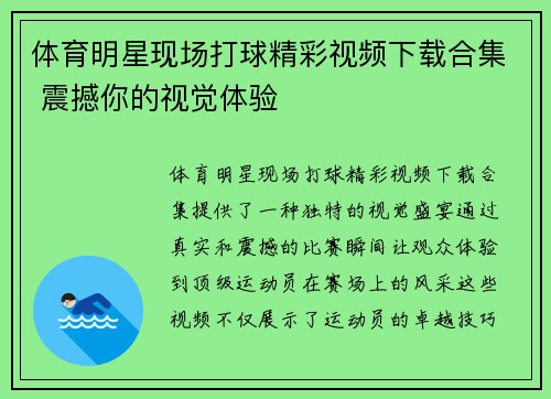 体育明星现场打球精彩视频下载合集 震撼你的视觉体验