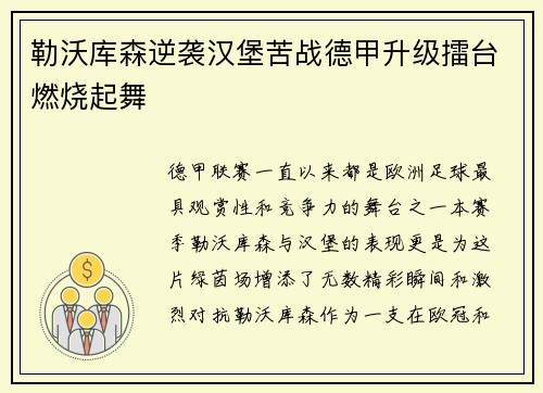 勒沃库森逆袭汉堡苦战德甲升级擂台燃烧起舞